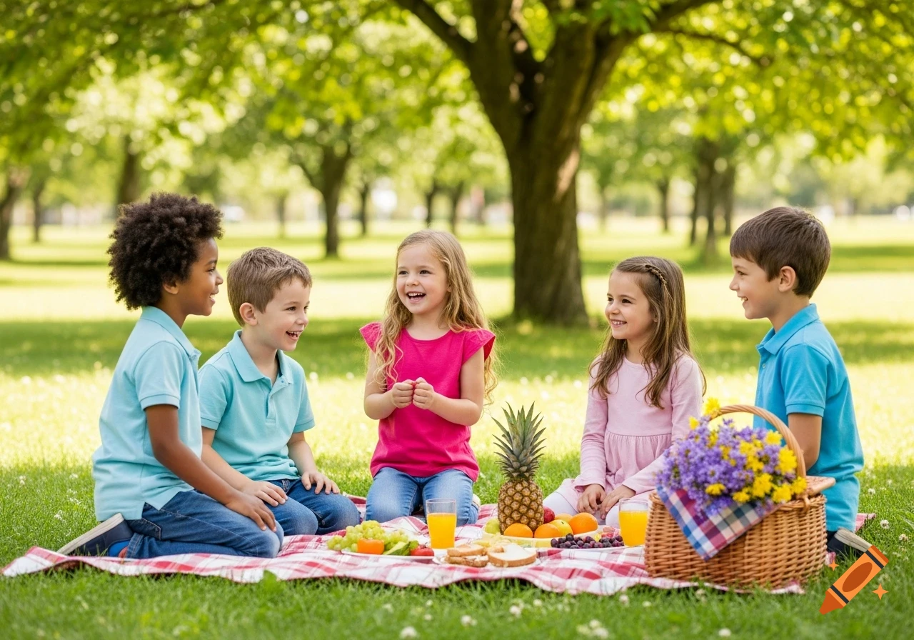 Five smiling children having a picnic on a red checkered blanket in a sunny park.
