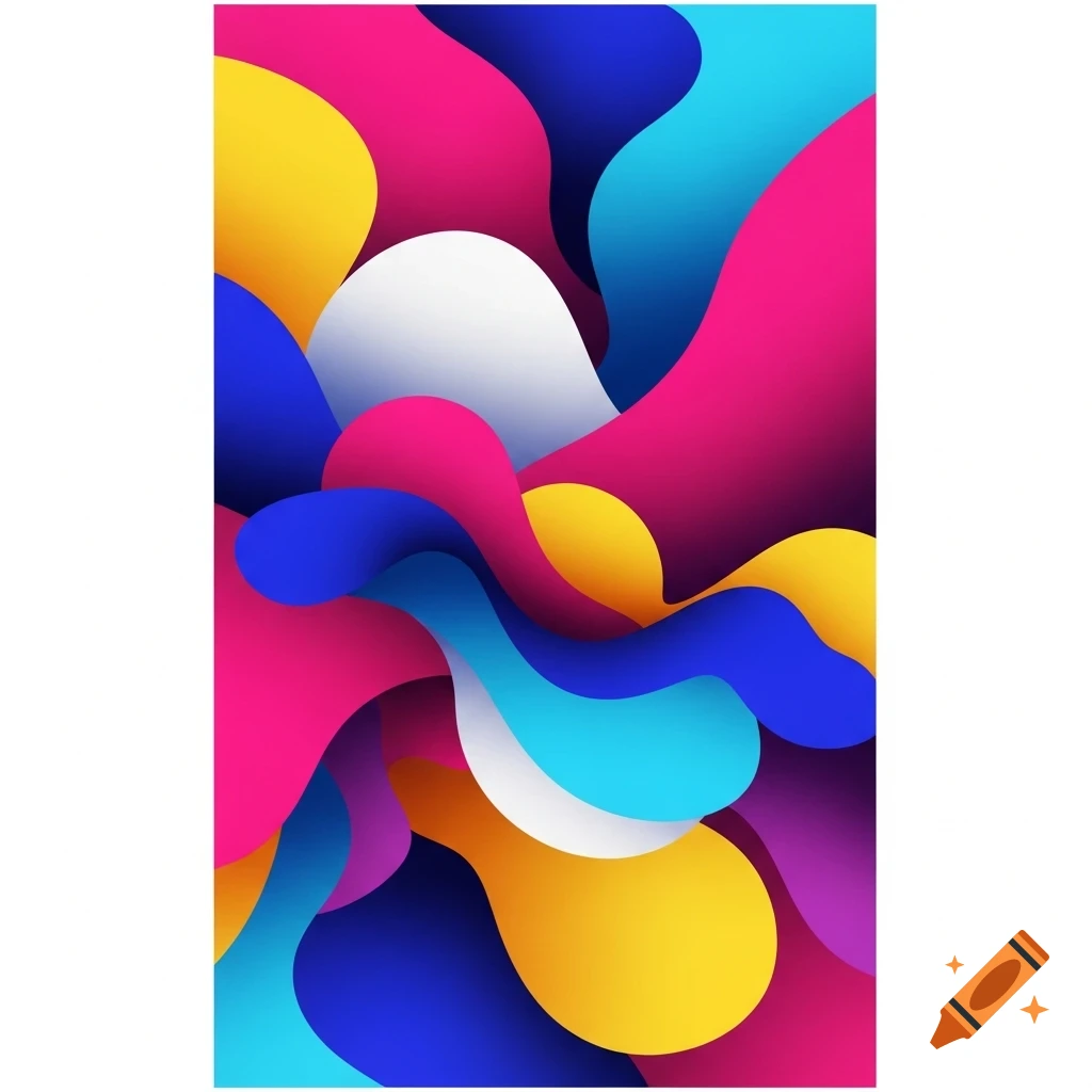 Vibrant abstract art with fluid, overlapping shapes in pink, blue, yellow, and white with smooth gradients.