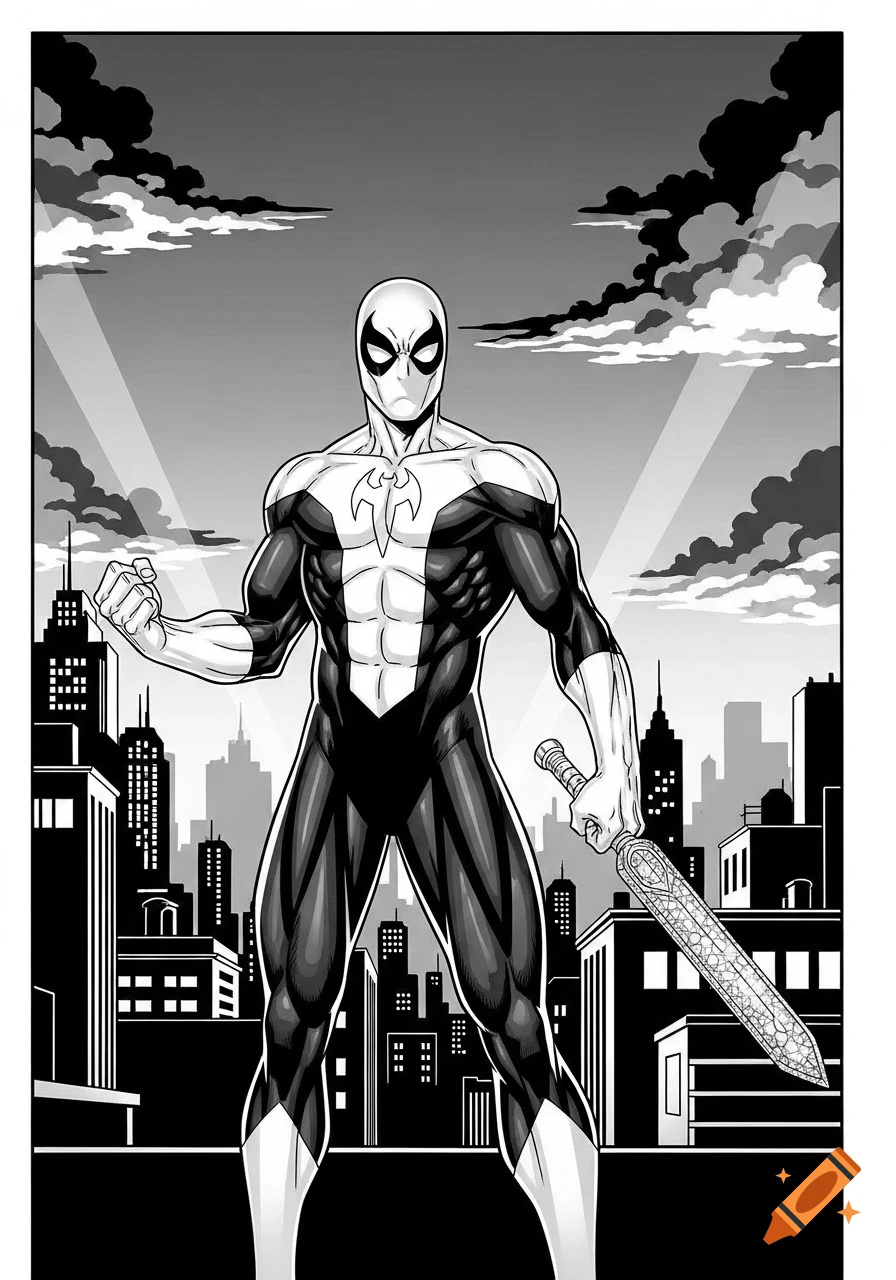 A black and white comic art illustration of a muscular superhero in a black and white suit holding a sword, standing over a cityscape.