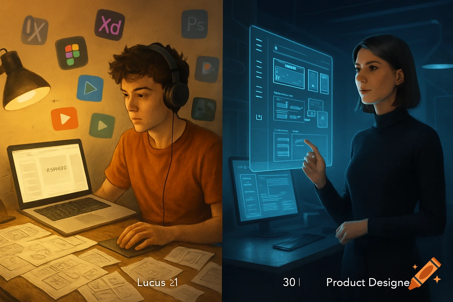 A split image shows a young man with headphones working on a laptop with design software icons on the wall, and a woman interacting with a holographic interface, both engaged in design work. Stylized realism.