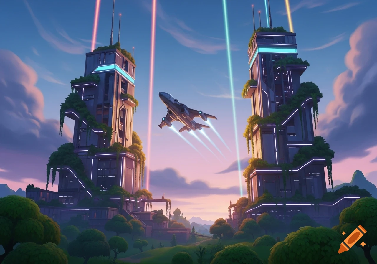 A stylized spaceship flies between two futuristic, vine-covered towers with colorful light beams, set against a sunset sky and mountains.