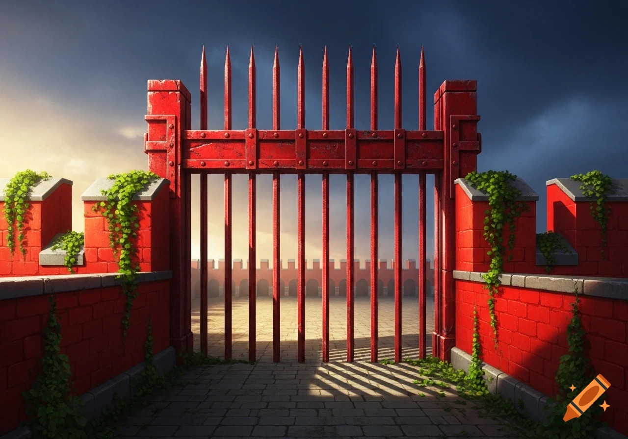 A stylized red portcullis gate with spiked top bars stands between brick castle walls covered in green vines, under a dramatic sky.