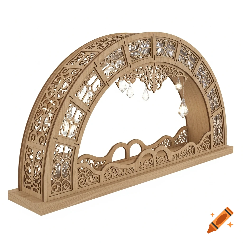 Intricately carved wooden Schwibbogen arch with ornate patterns and hanging crystal ornaments, against a white background.