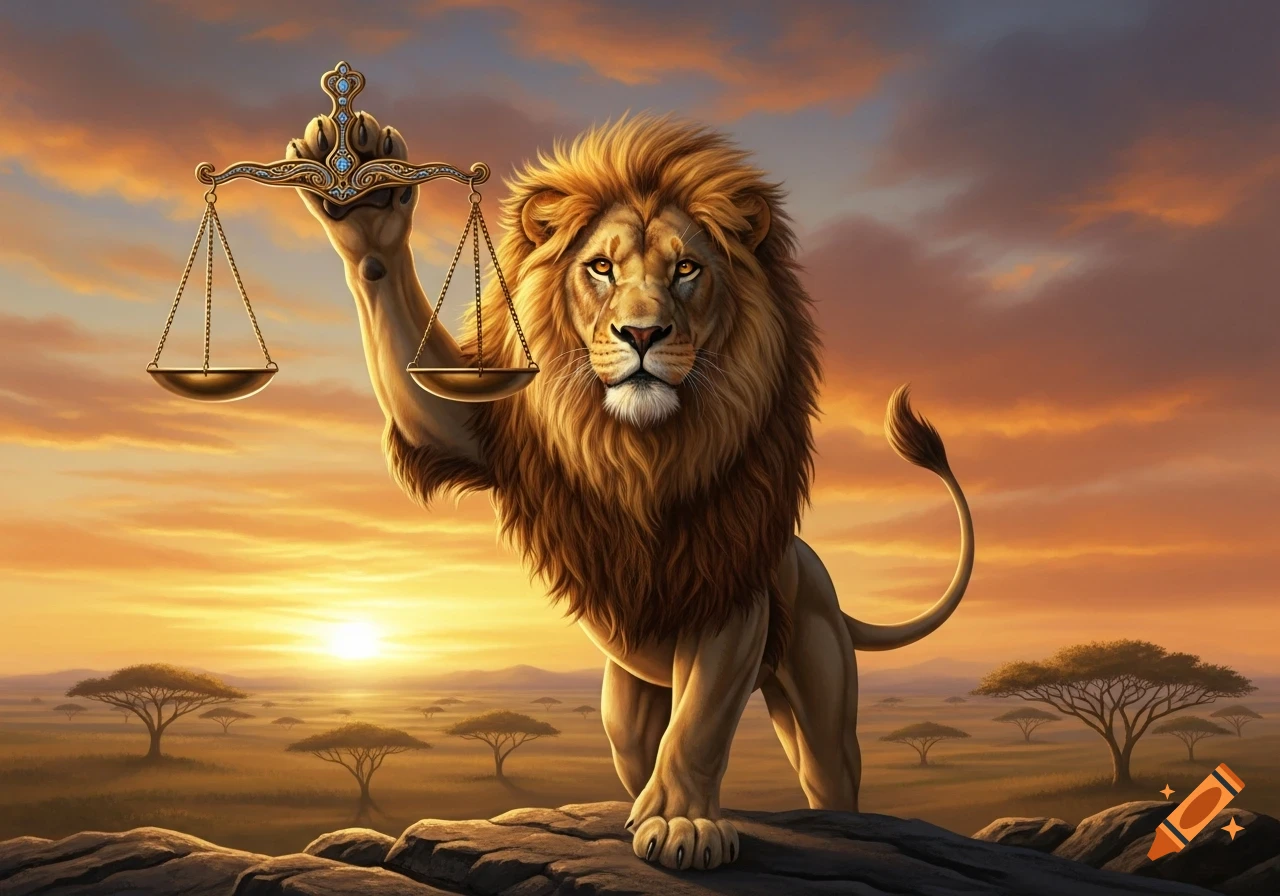 A majestic lion stands on rocks, holding golden scales against a vibrant sunset over a savanna with acacia trees.