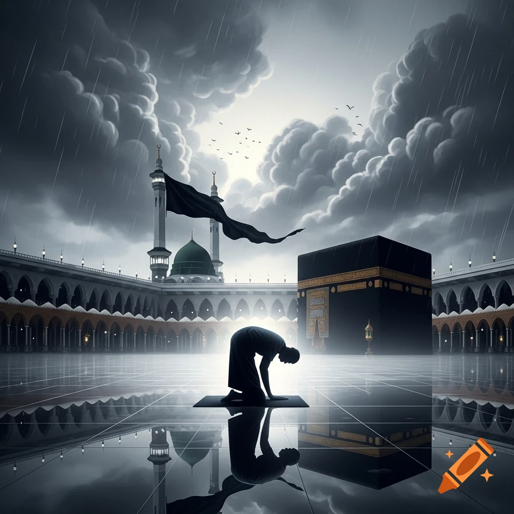 Silhouette of a person performing Islamic prayer in front of the Kaaba and a mosque during heavy rain, with reflections.