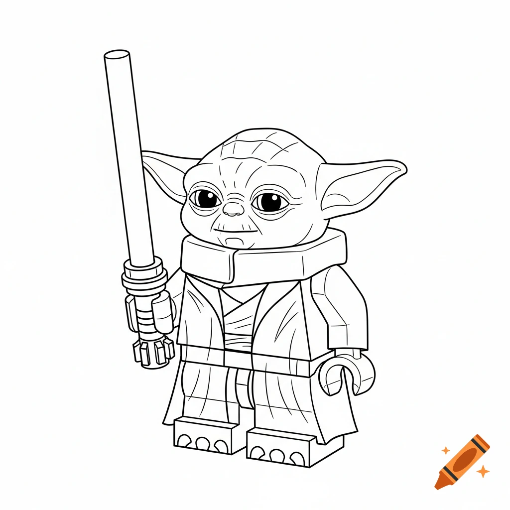 Lego Yoda holding a lightsaber, in a black outline coloring book style.