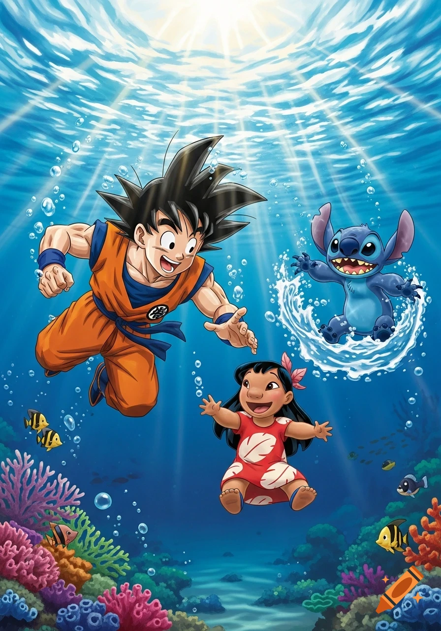 Goku, Lilo, and Stitch swim happily underwater in a vibrant coral reef, with sunlight rays piercing the surface.