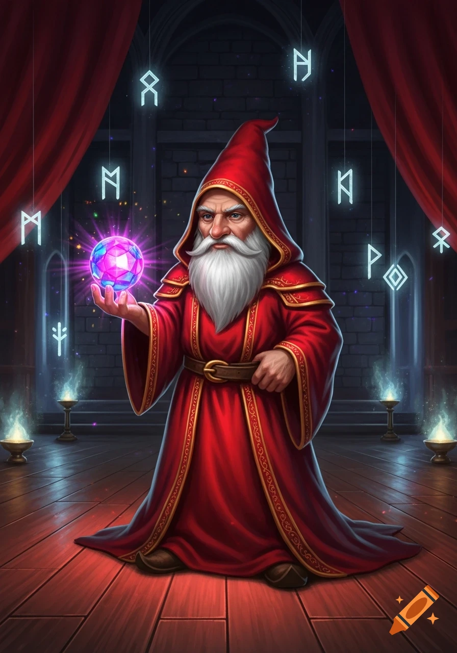 A gnome wizard in a red robe with a long white beard holds a glowing crystal ball in a stone room with floating runes.
