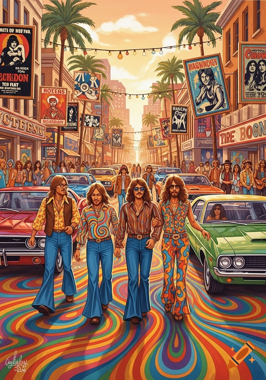Four men in 1970s fashion walk on a vibrant, psychedelic street with vintage cars, palm trees, and storefronts under a sunny sky.