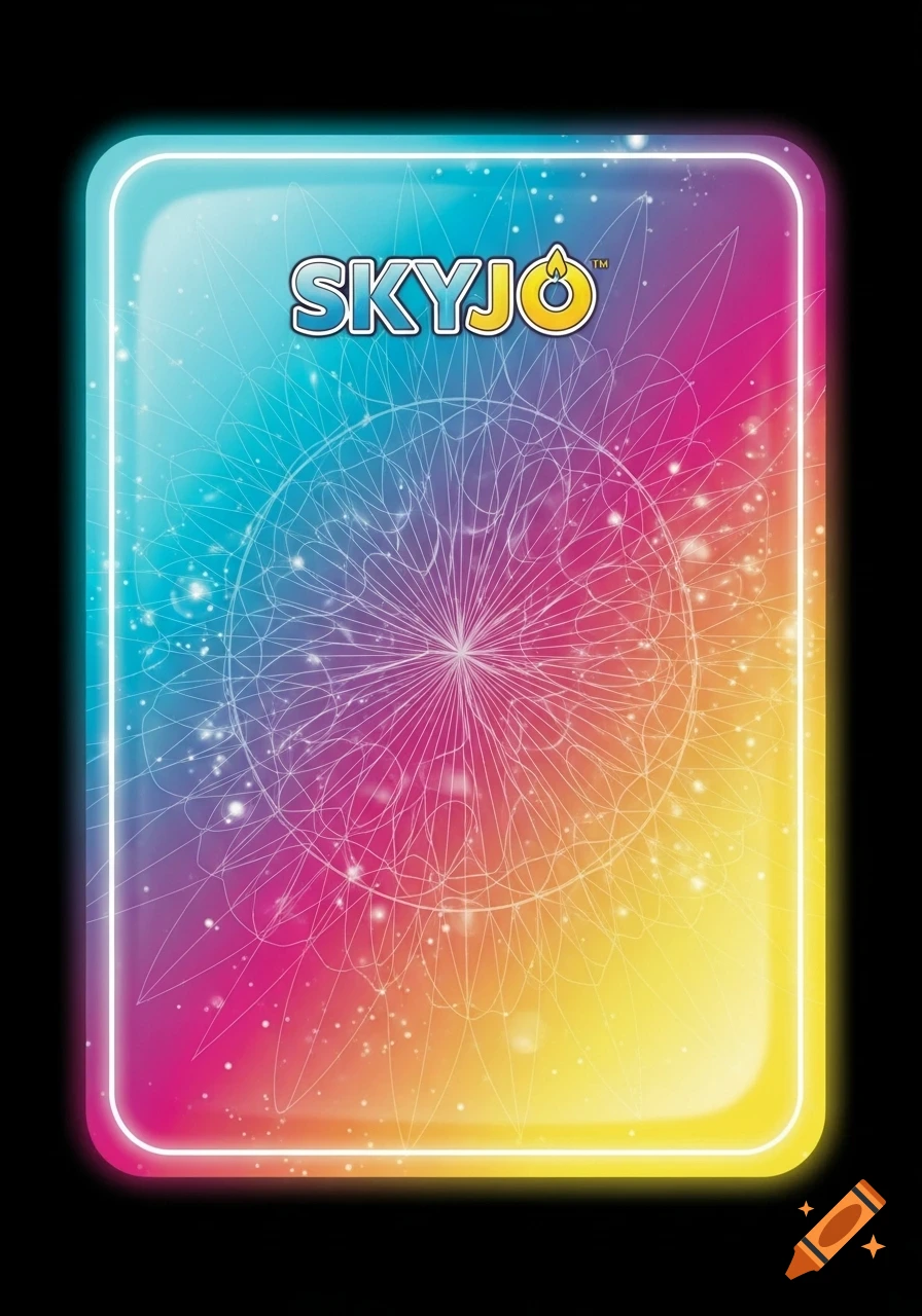 Back of a Skyjo card with a vibrant rainbow gradient, a glowing white border, and a complex abstract pattern. The 'SKYJO' logo is at the top.