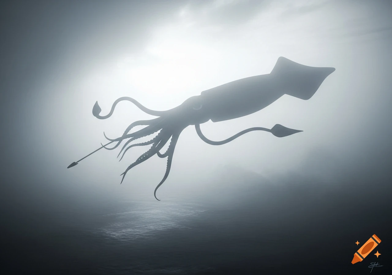An ominous silhouette of a colossal squid with long tentacles floats in the murky deep, illuminated by a bright surface above.
