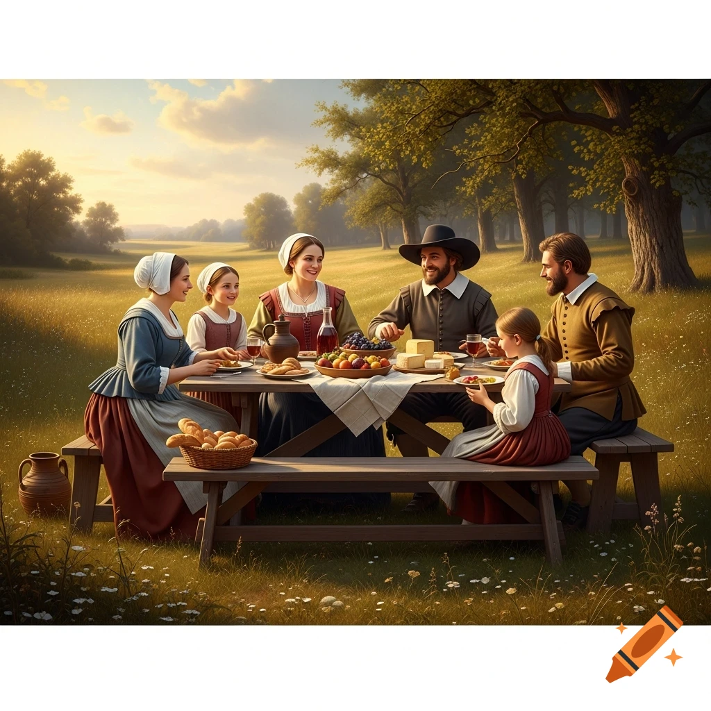 A 17th-century family in historical attire enjoys a picnic at a wooden table in a sunny, grassy field.