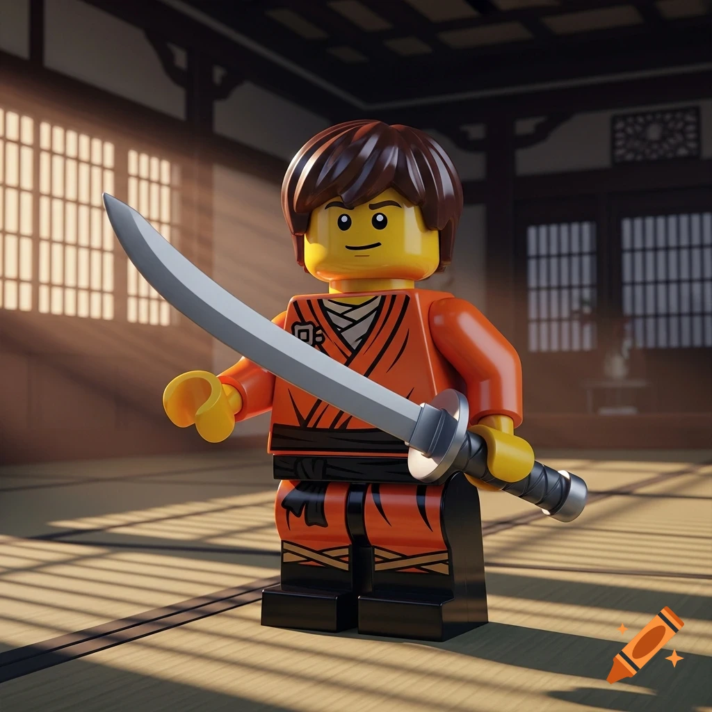 A Lego ninja minifigure with brown hair, wearing an orange gi and holding a silver sword in a traditional dojo.