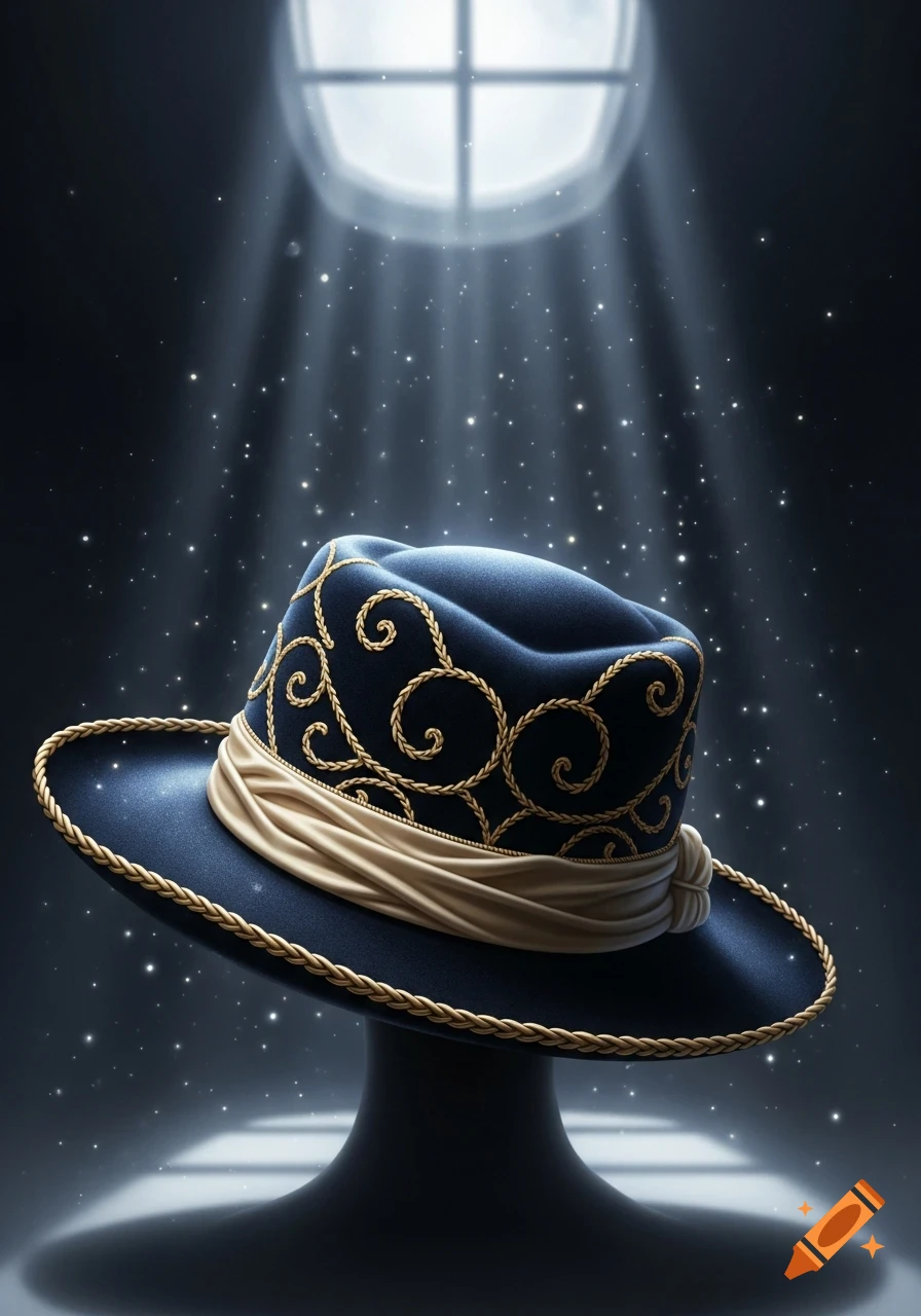 An elegant dark blue fedora hat with gold scrollwork and a beige band, illuminated by a spotlight and sparkles from an arched window.