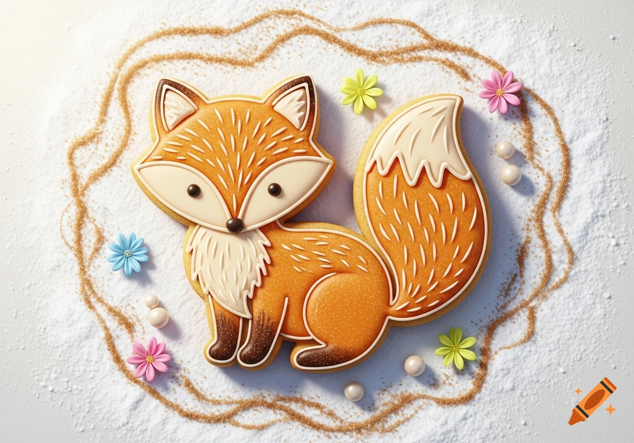 Decorated fox-shaped cookie with white icing details, on white powdered sugar with brown sugar sprinkles and small colorful flower candies.