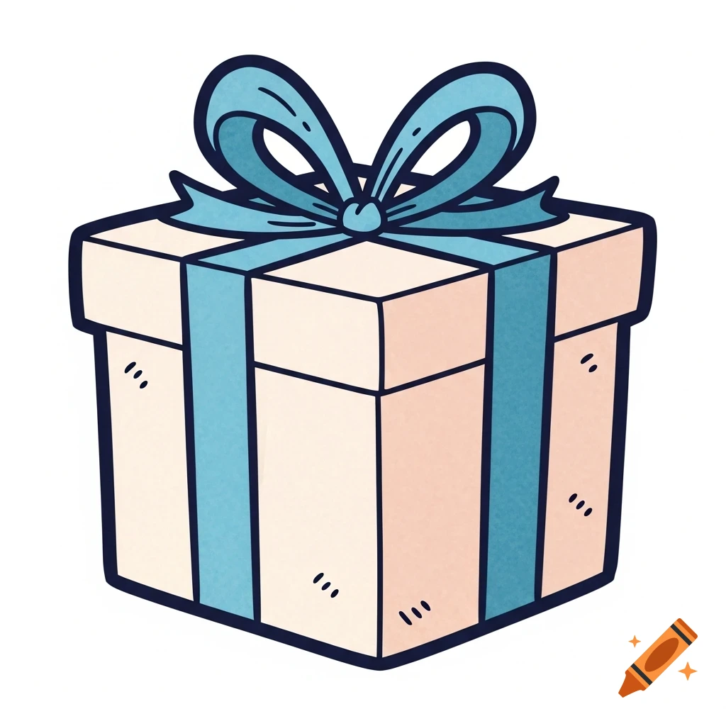 A minimalist, cartoon-like hand-drawn marker illustration of a pale pink gift box with a blue ribbon and bow on a white background.