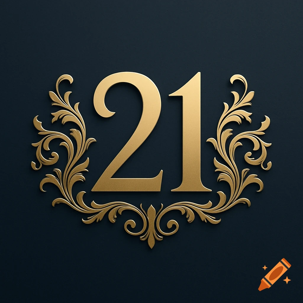 Gold number 21 with ornate floral crests on a dark background.