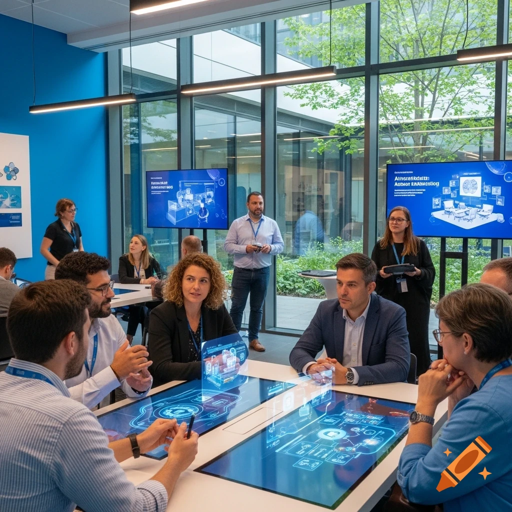 A group of professionals in a modern meeting room, interacting with glowing digital table displays and watching presentation screens.