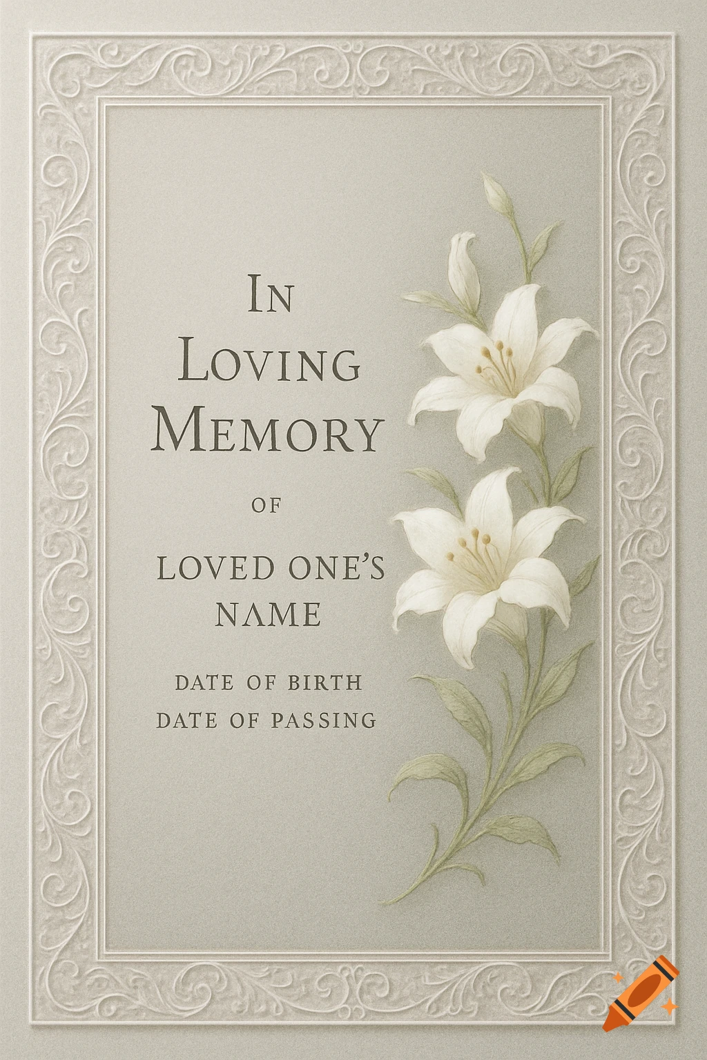 Vintage memorial card with white lilies and an embossed frame, featuring text 'In Loving Memory'.