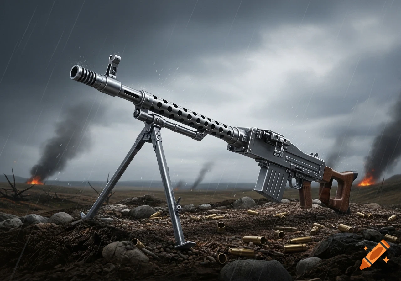 A detailed MG 42 machine gun rests on a muddy, rocky battlefield, with rain falling and smoke plumes rising from distant explosions under a dark, stormy sky.