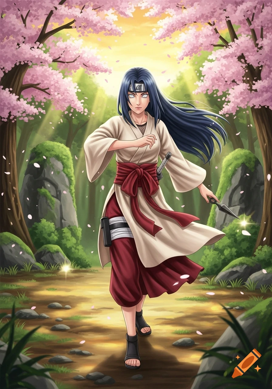 Anime Hanabi Hyuga in a cream kimono and red pants stands in a sunlit forest with cherry blossoms, holding a kunai.