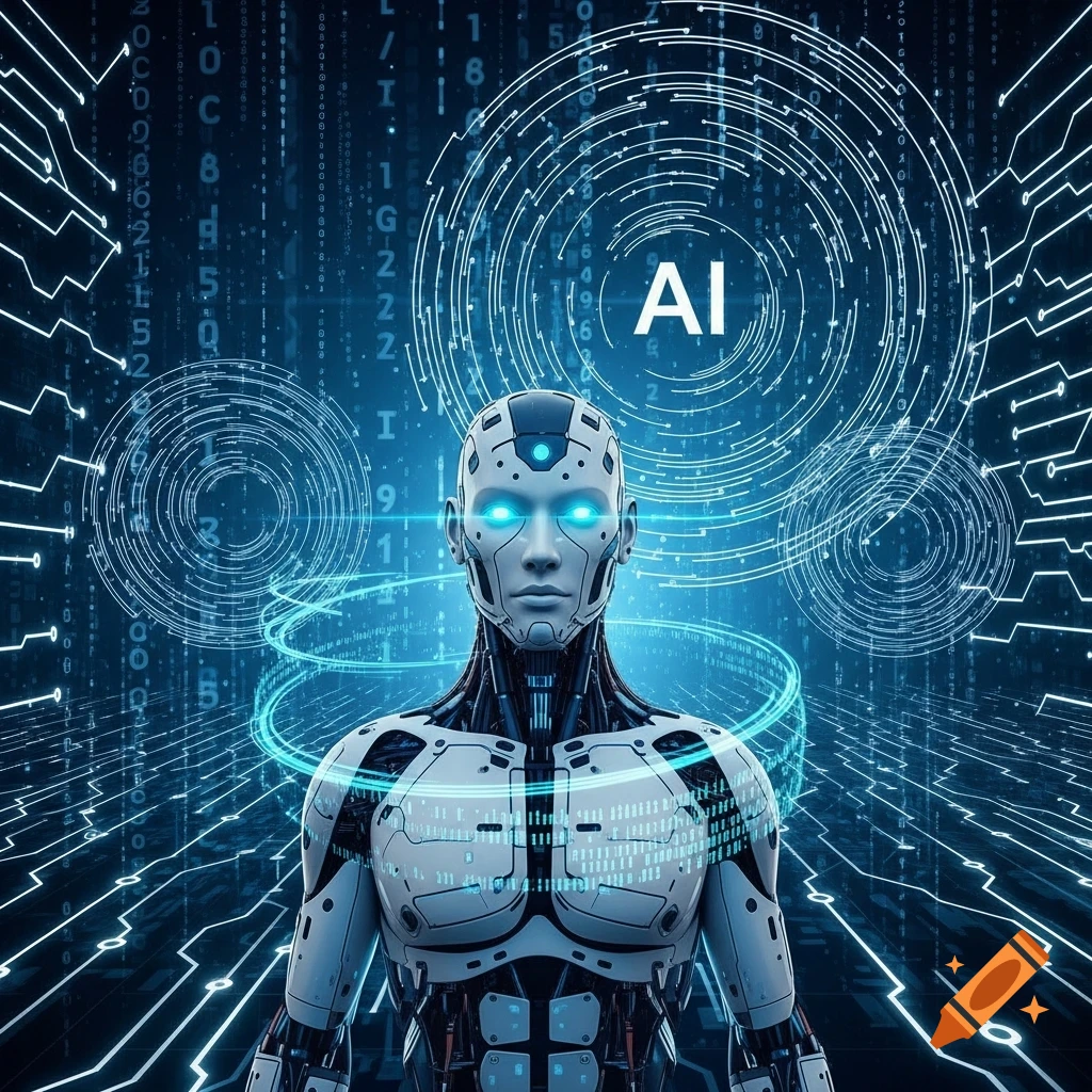 A futuristic white and black android bust with glowing blue eyes, surrounded by digital circuit patterns, binary code, and the text 'AI'.