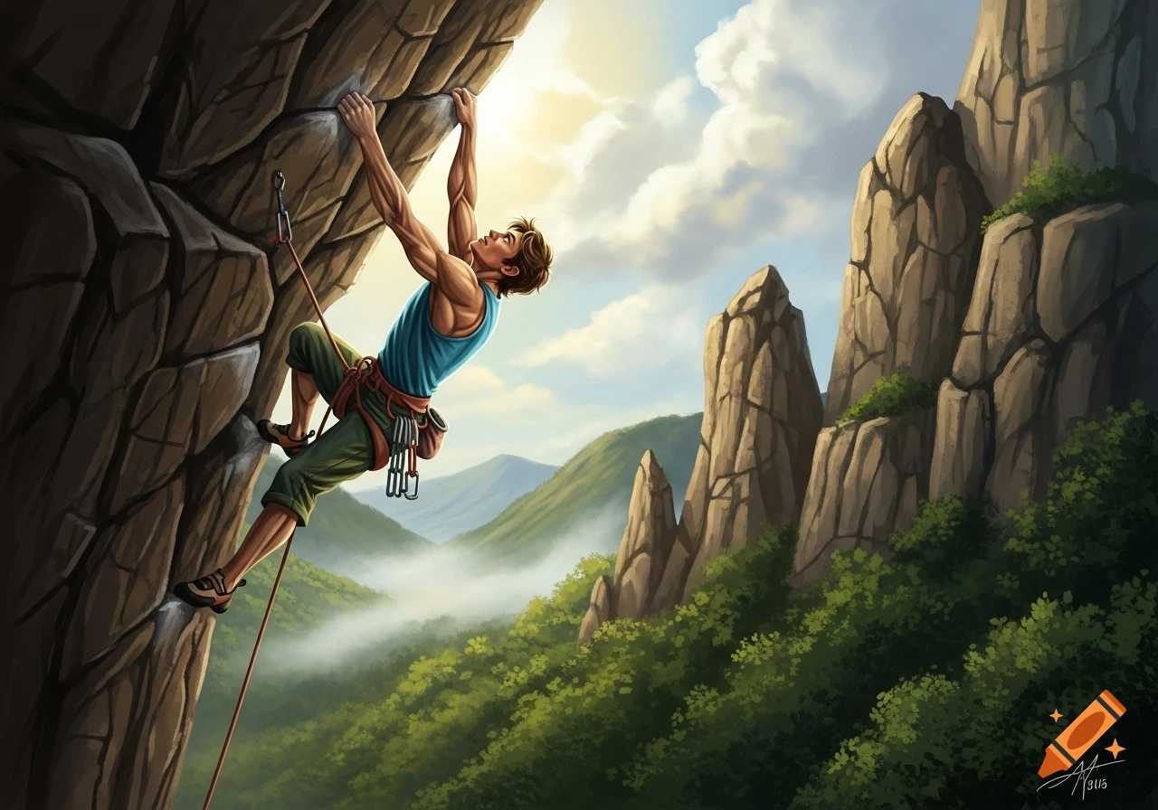An illustrated man rock climbing a steep cliff, with green mountains and a cloudy sky in the background.