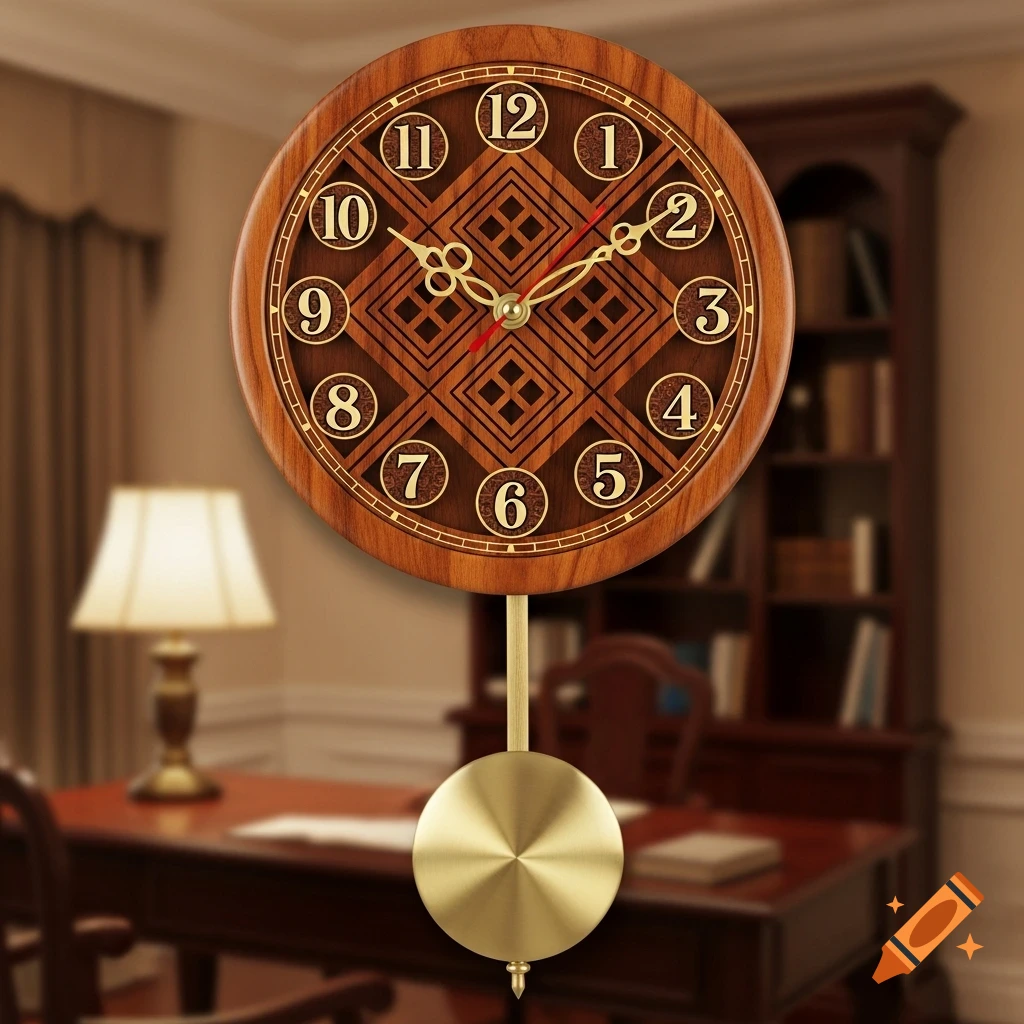 A photorealistic wooden pendulum wall clock with gold numbers and a brass pendulum, hanging in a blurred office setting.