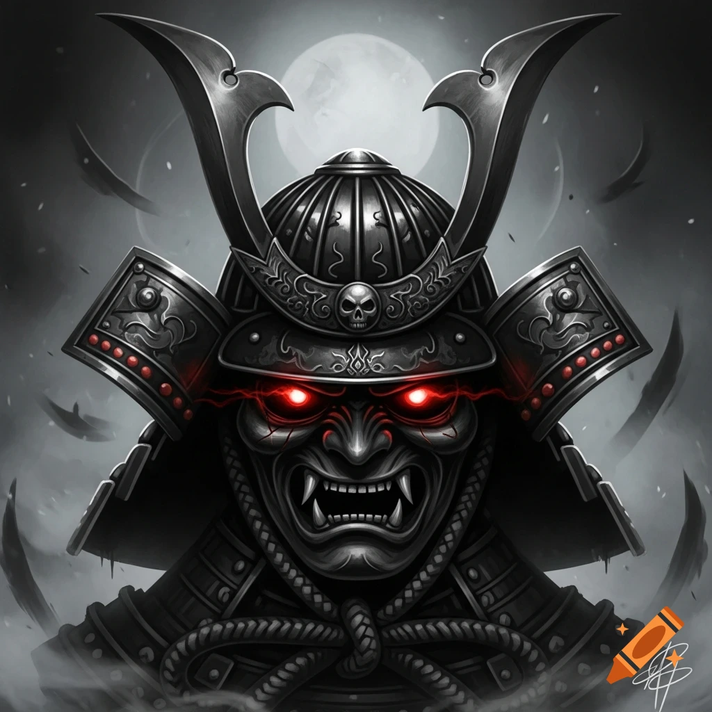 Close-up of a dark samurai helmet with a fierce mask and glowing red eyes under a full moon, in a digital art style.