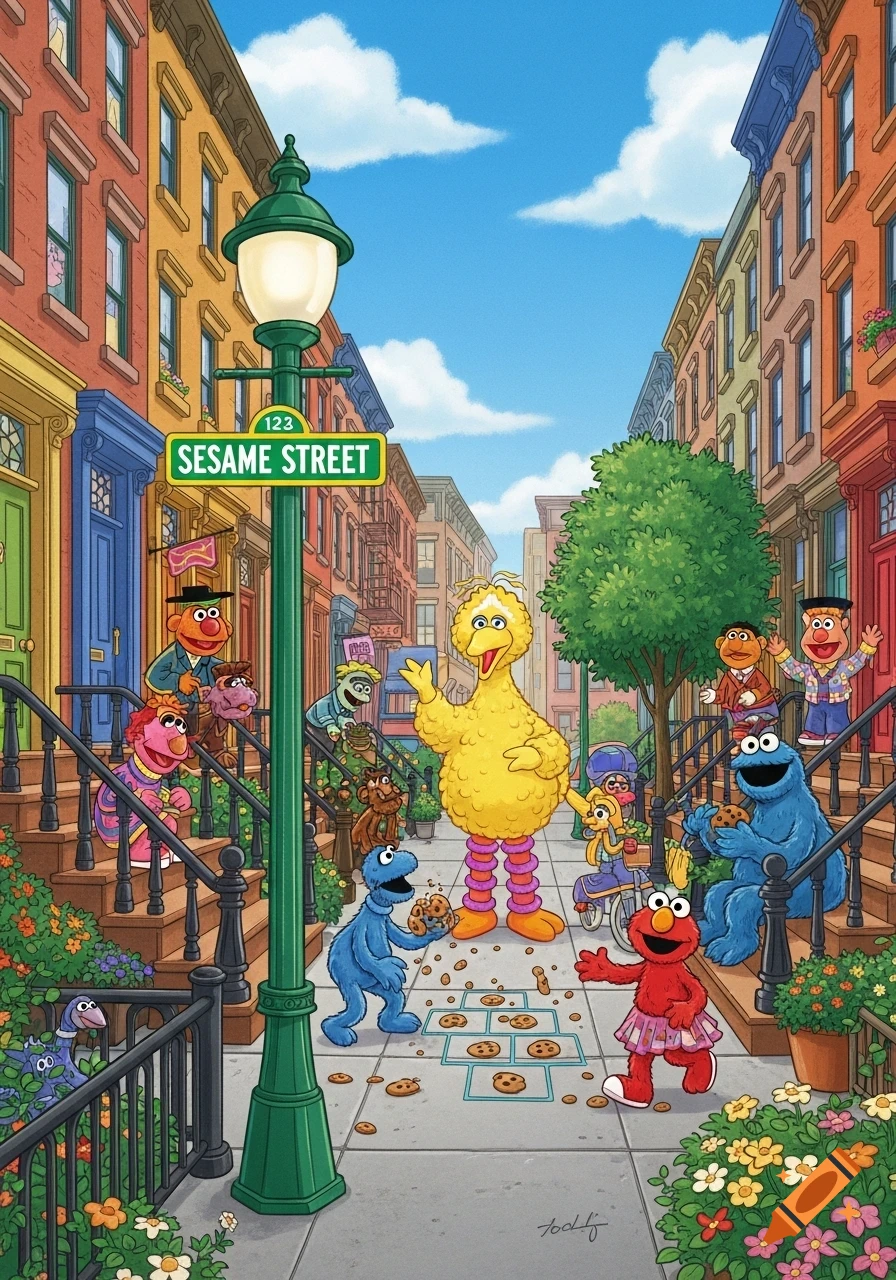 Sesame Street characters on a colorful street with brownstone buildings, including Big Bird, Cookie Monster, Elmo, and Bert and Ernie, in a vibrant cartoon style.