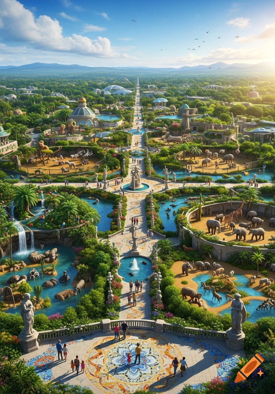 Aerial view of a grand, lush zoo with symmetrical design, waterfalls, fountains, diverse animal enclosures, people, and classical architecture.