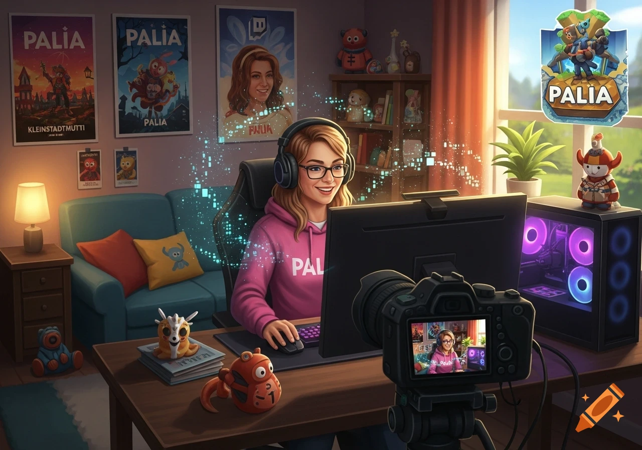 A smiling woman with headphones and glasses streams video games from her room, surrounded by "Palia" posters, a PC, and a camera.