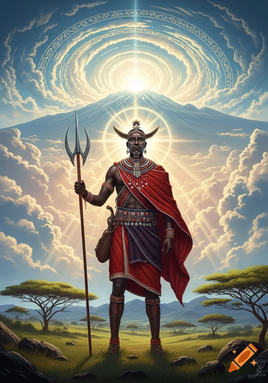 A divine African warrior in tribal attire holds a trident, standing in a savanna before a mountain under a glowing, swirling sky.