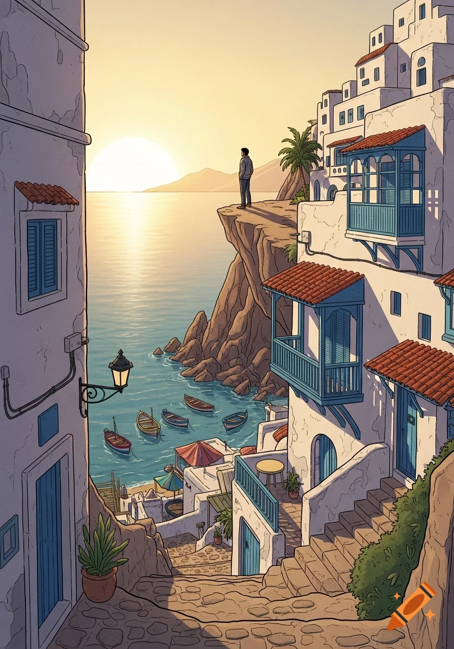 A man stands on a cliff overlooking a traditional coastal village with white buildings, red roofs, and blue shutters, with boats in the turquoise sea under a golden sunset in European comic style.