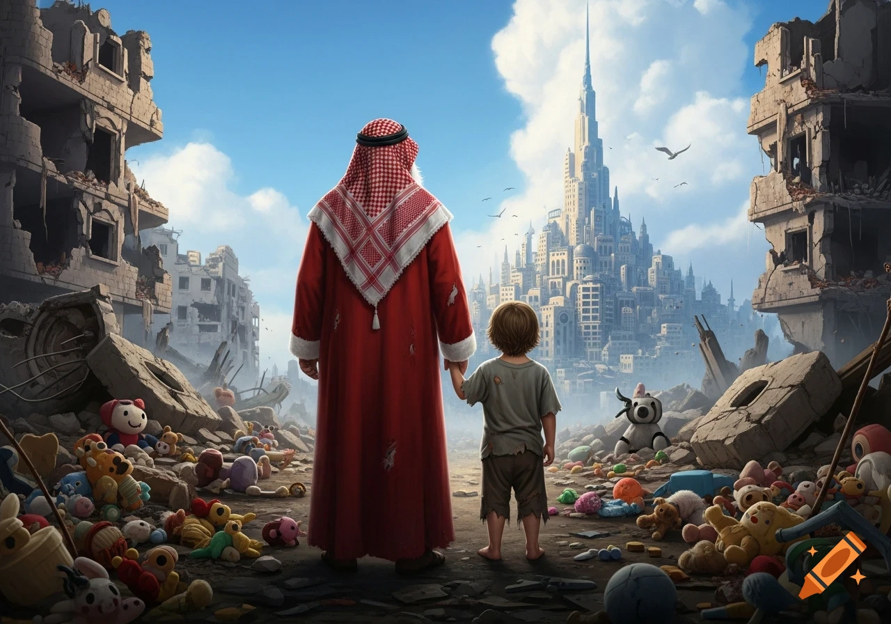 A man in a red robe and keffiyeh holds a child's hand, overlooking a ruined foreground filled with broken toys and a pristine, futuristic city in the distance under a blue sky.