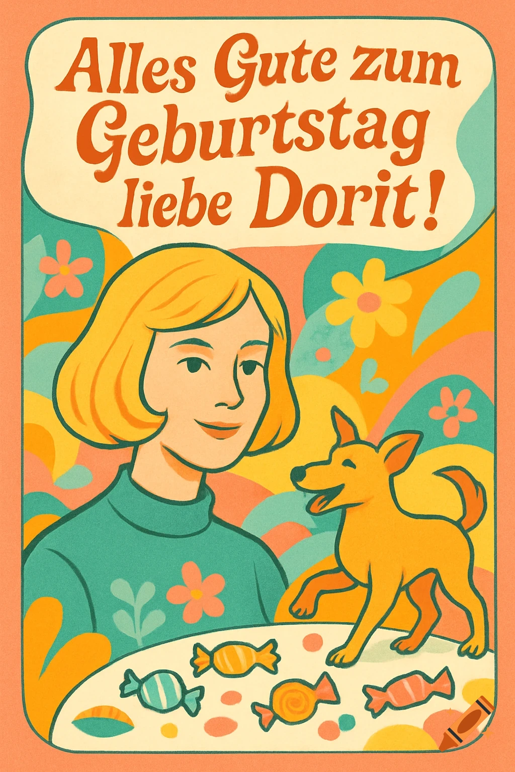 A colorful retro-style birthday card for Dorit, featuring a blonde woman, a happy dog, and candies. Text reads 'Alles Gute zum Geburtstag liebe Dorit!'.