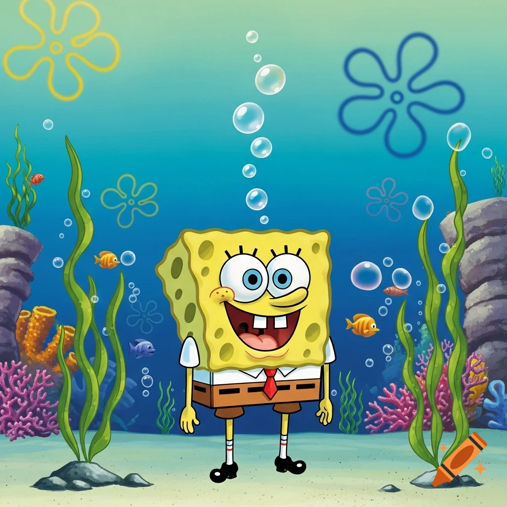 Spongebob Squarepants smiling widely underwater surrounded by seaweed, coral, and small fish.