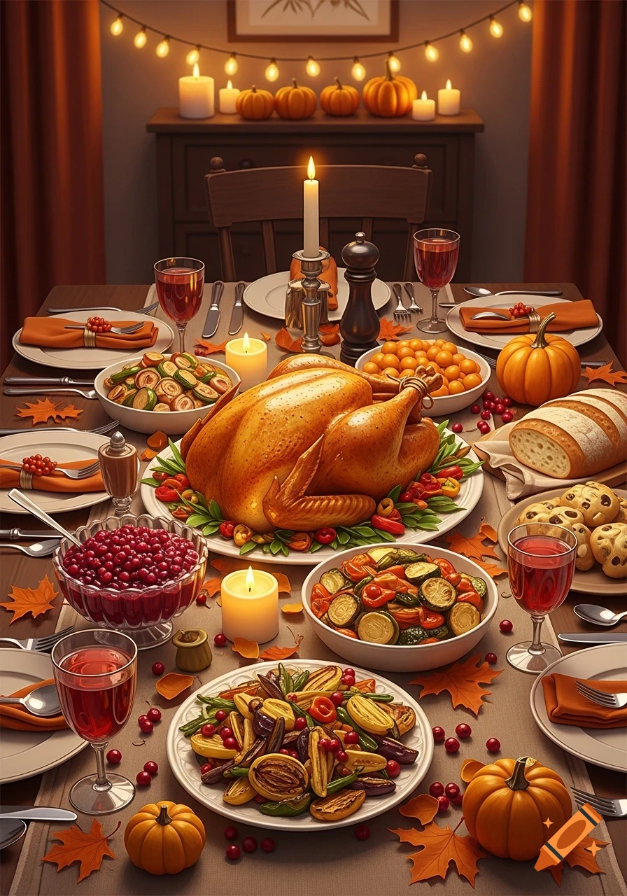 A photorealistic Thanksgiving dinner table laden with a roasted turkey, various side dishes, festive candles, small pumpkins, and autumn leaves.