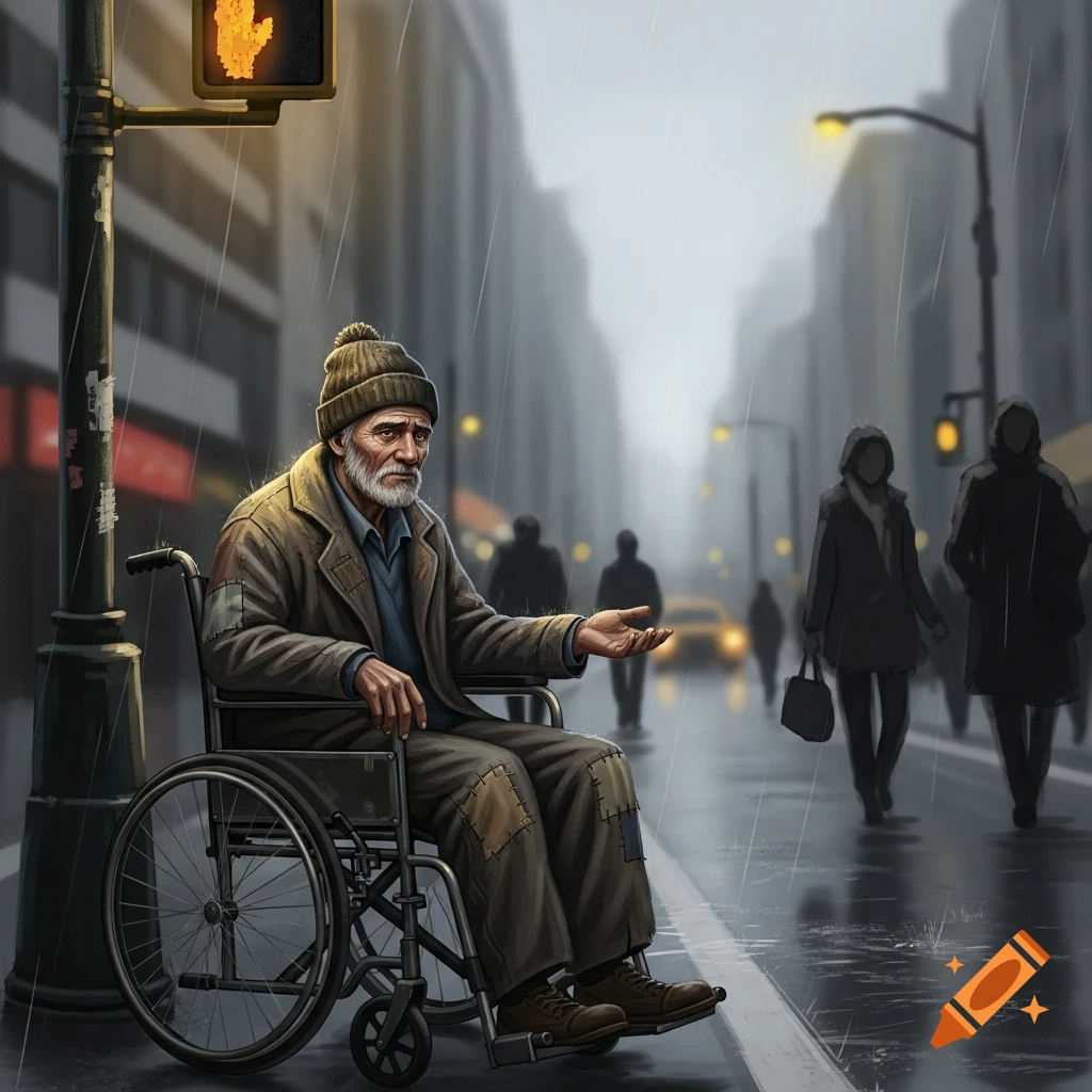 Illustration of an elderly homeless man in a wheelchair, hand extended, on a rainy city street.