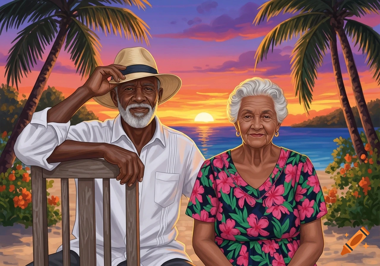 Illustrated elderly couple on a tropical beach at sunset with palm trees.