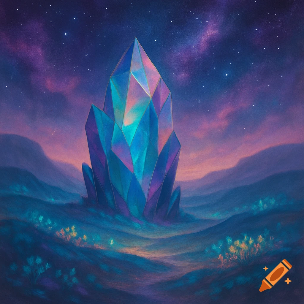 A large, multifaceted crystal glows with blue and purple hues in a mystical landscape under a starry, twilight sky.
