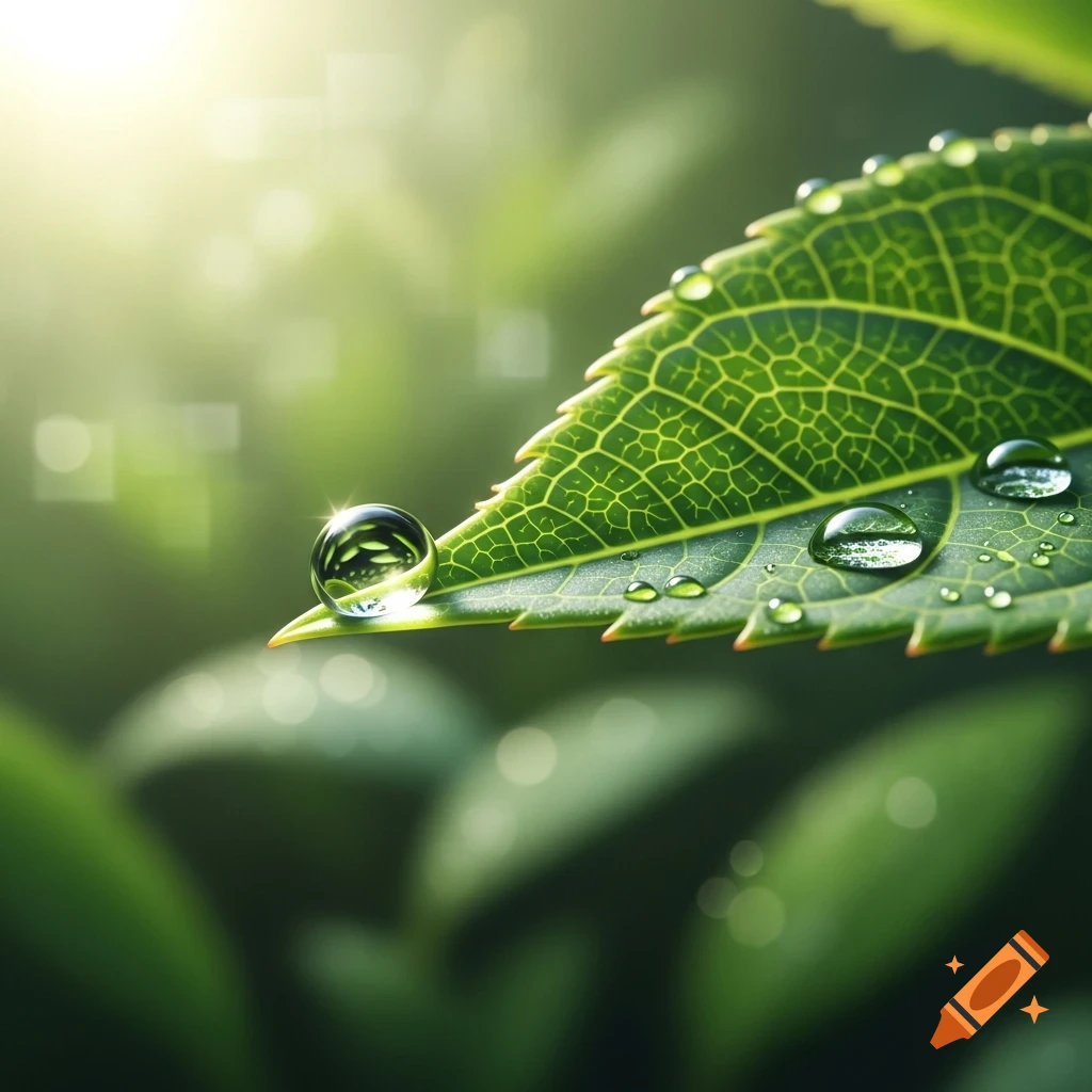A close-up, photorealistic shot of a vibrant green leaf covered in sparkling water droplets, illuminated by sunlight.