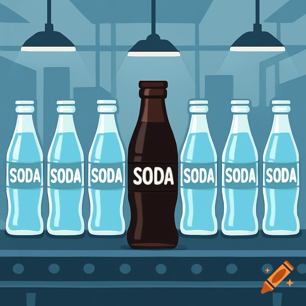 An illustration of a dark bottle labeled "SODA" on a factory conveyor belt, surrounded by clear soda bottles.