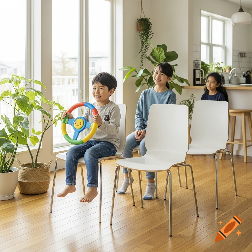 Three smiling children playing indoors. A boy holds a colorful toy steering wheel, while two girls sit behind him.