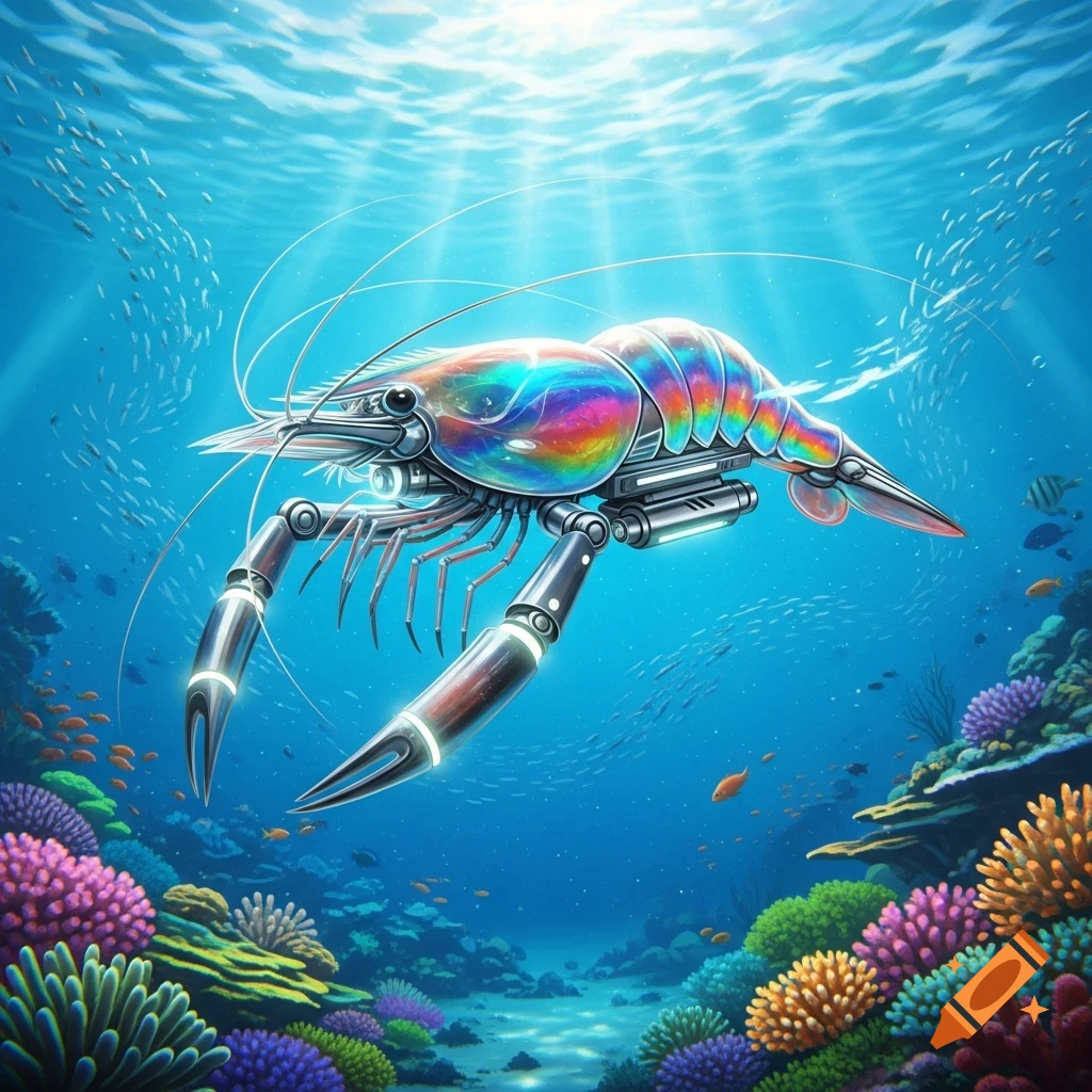 An iridescent, rainbow-colored robotic shrimp with metallic legs swims in a vibrant coral reef, with sunlight filtering from above.