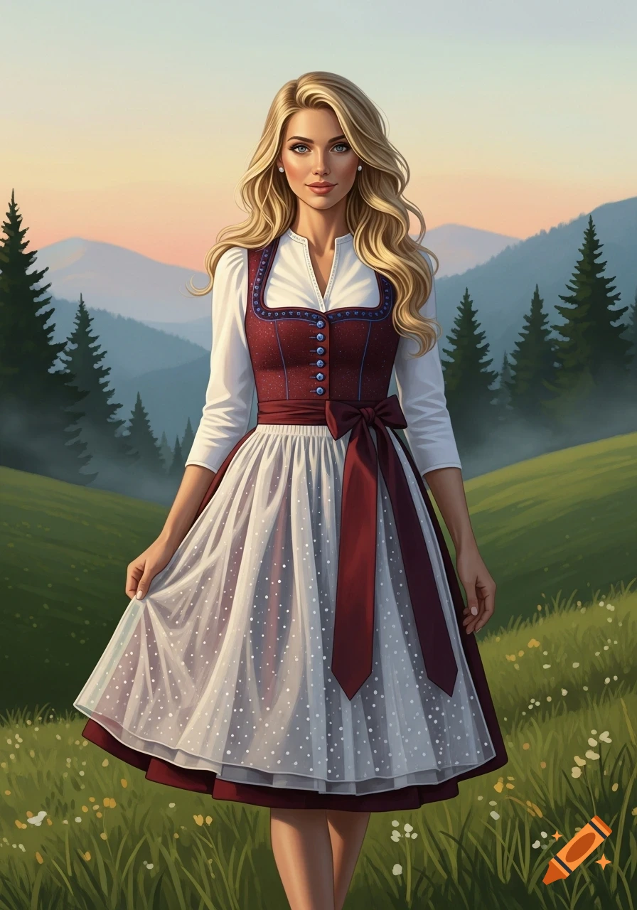 A blonde woman in a traditional dirndl dress stands in a green mountain landscape at sunset.