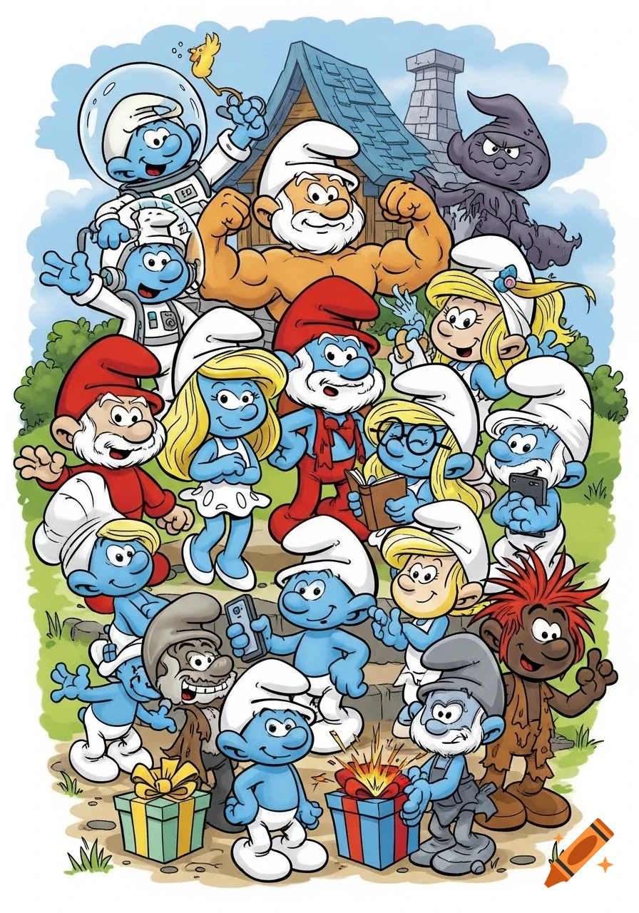 A colorful comic illustration of many Smurfs, including Papa Smurf, Smurfette, and others, posing together in their village.