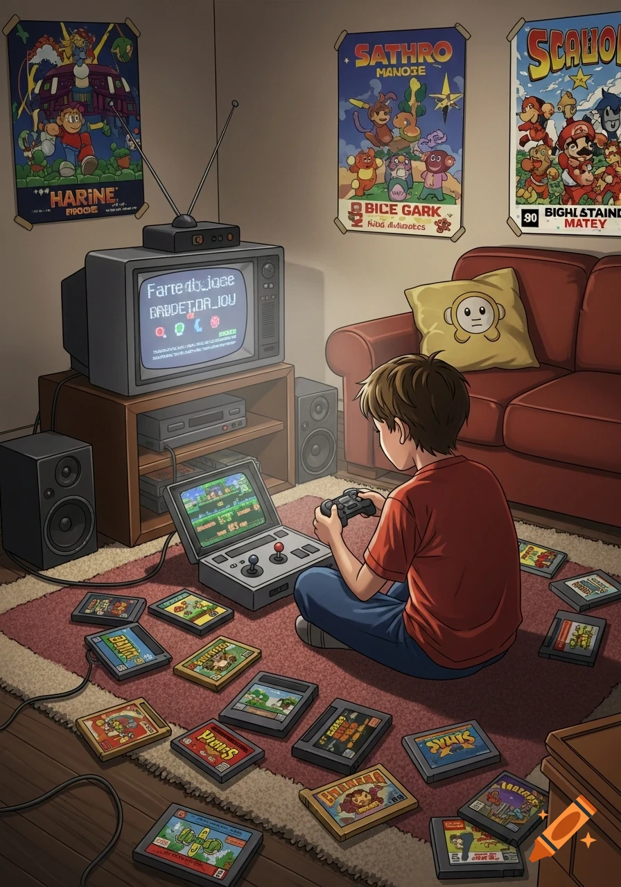 Cartoon of a boy playing retro video games on a console, surrounded by cartridges, with an old TV and game posters in a 90s-style room.