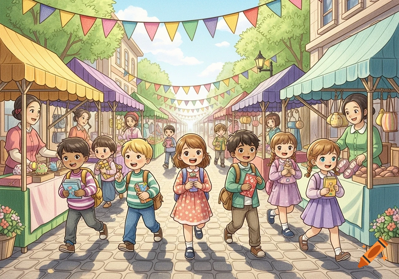 Illustrated scene of diverse children walking through a colorful, bustling street market with stalls and vendors on a sunny day.