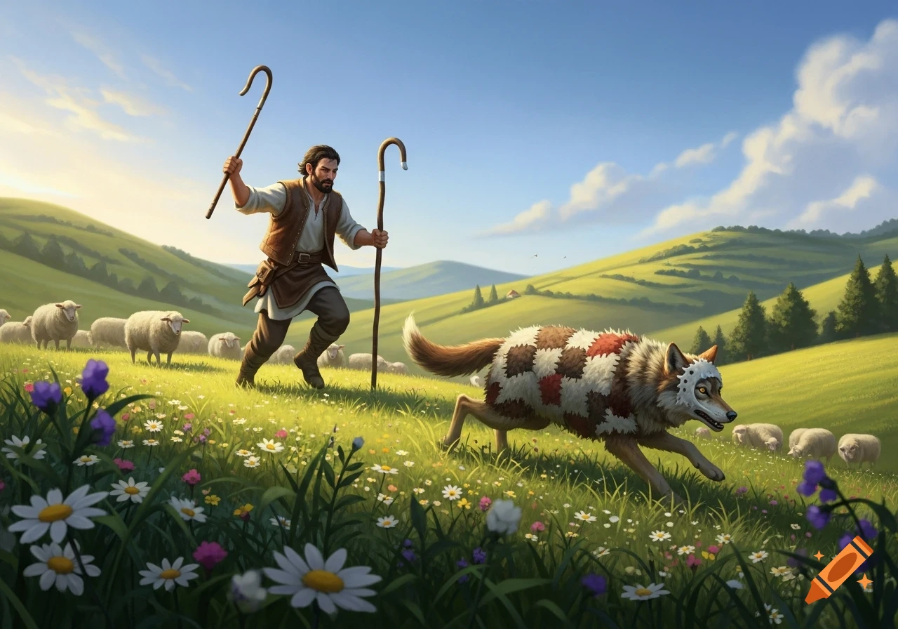 A shepherd with two staffs runs through a flowery meadow, chasing a wolf in a patchwork sheep disguise and a skull mask, with sheep grazing in the background.